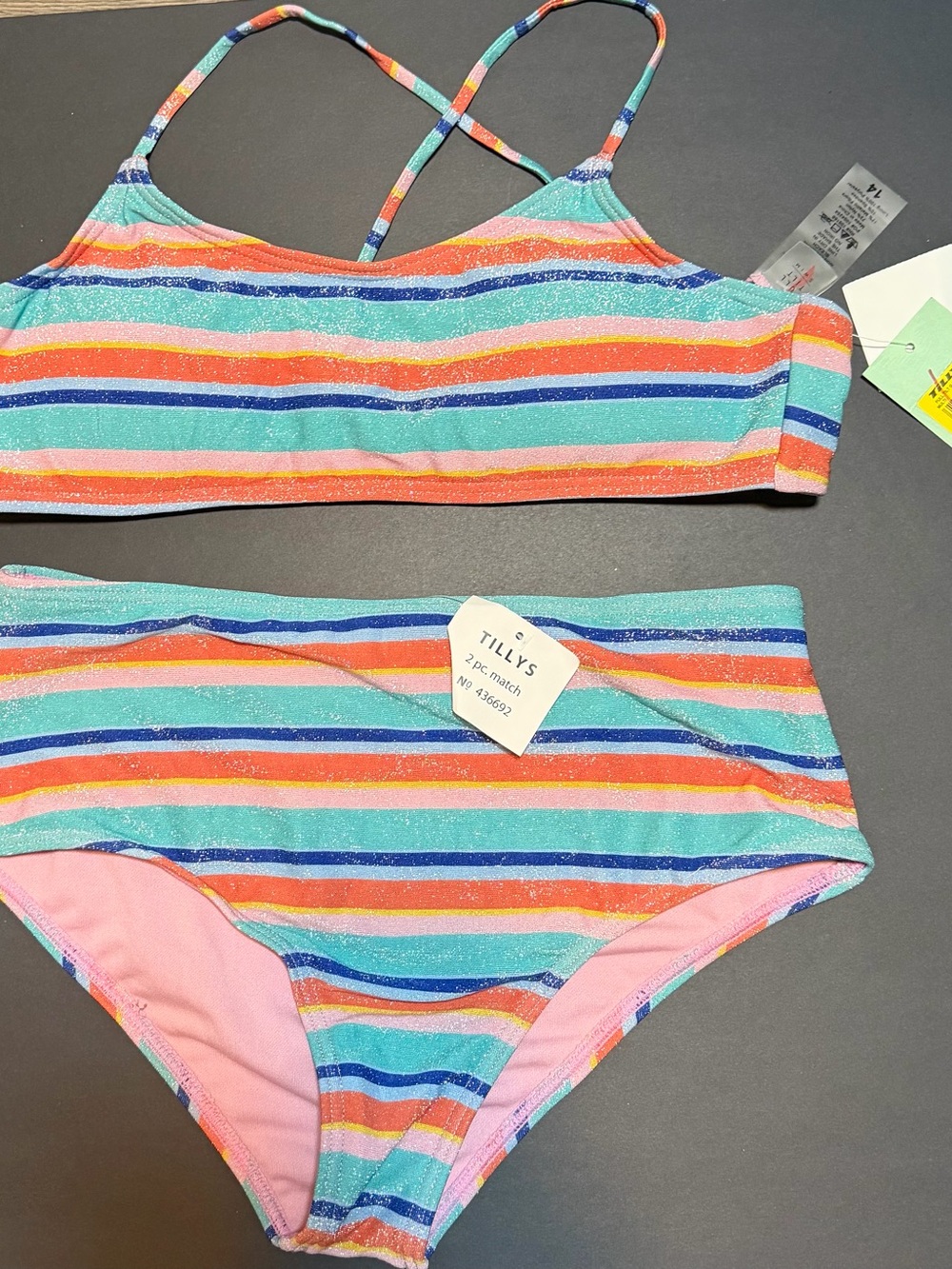 Full Tilt Girls Striped Sparkle Bikini Set - Aqua, Pink, Orange, Blue